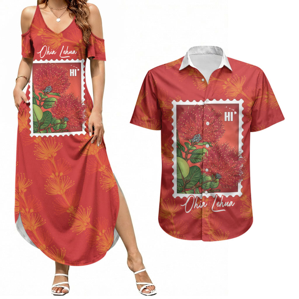 Aloha Hawaii Ohia Lehua Couples Matching Summer Maxi Dress and Hawaiian Shirt Hawaiian Lei Stylized Stamp LT14 Red - Polynesian Pride