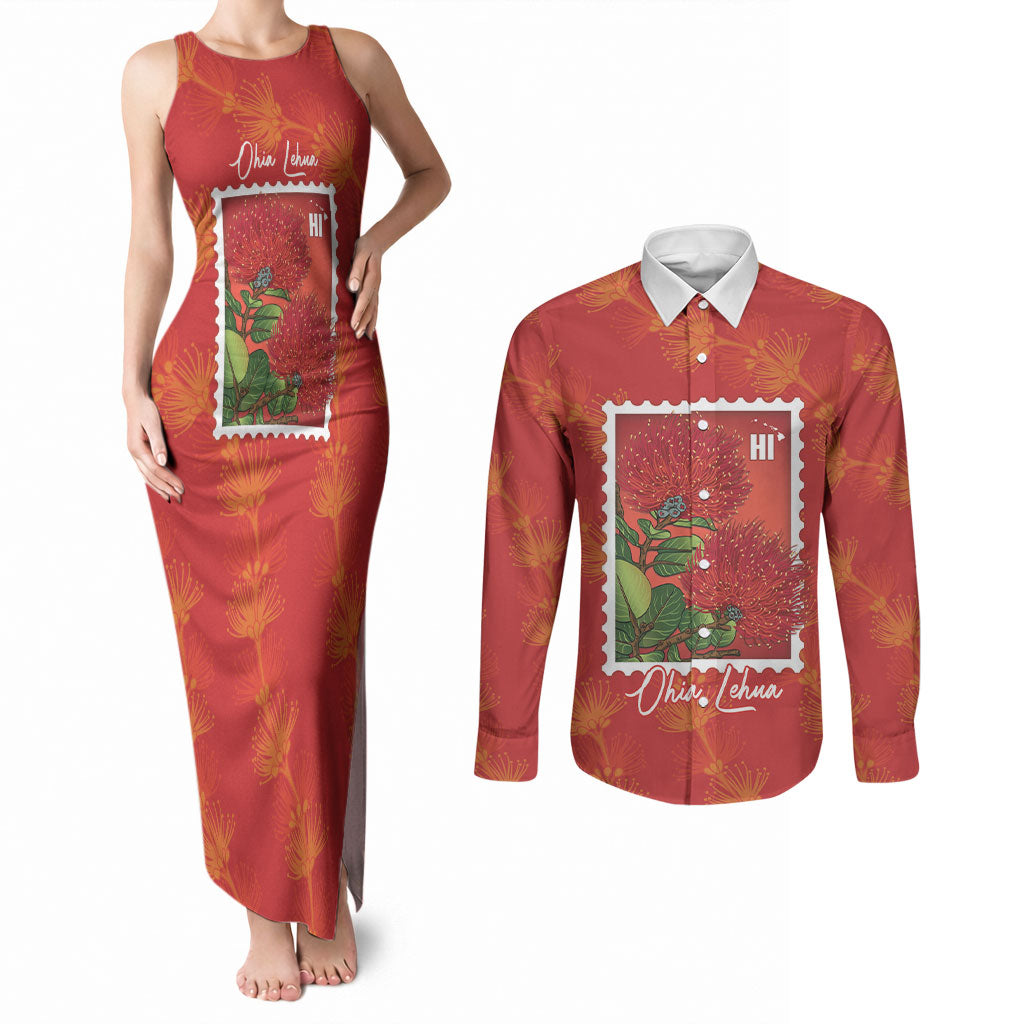 Aloha Hawaii Ohia Lehua Couples Matching Tank Maxi Dress and Long Sleeve Button Shirt Hawaiian Lei Stylized Stamp LT14 Red - Polynesian Pride