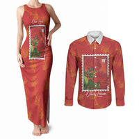 Aloha Hawaii Ohia Lehua Couples Matching Tank Maxi Dress and Long Sleeve Button Shirt Hawaiian Lei Stylized Stamp LT14 Red - Polynesian Pride