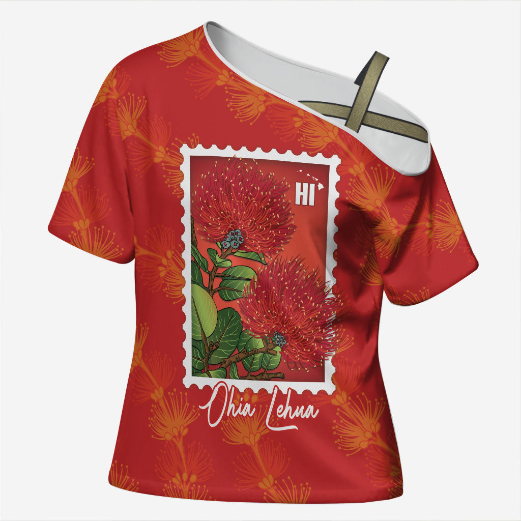 Aloha Hawaii Ohia Lehua Cross Shoulder Shirt Hawaiian Lei Stylized Stamp LT14 Female Red - Polynesian Pride