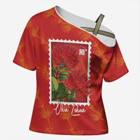 Aloha Hawaii Ohia Lehua Cross Shoulder Shirt Hawaiian Lei Stylized Stamp LT14 Female Red - Polynesian Pride