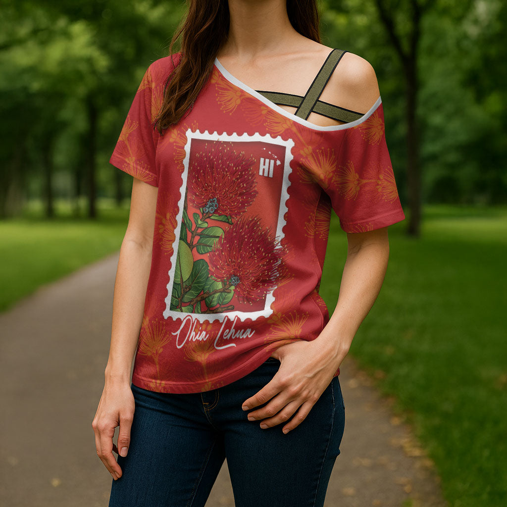 Aloha Hawaii Ohia Lehua Cross Shoulder Shirt Hawaiian Lei Stylized Stamp LT14 - Polynesian Pride