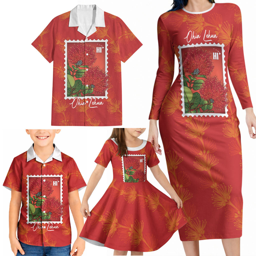 Aloha Hawaii Ohia Lehua Family Matching Long Sleeve Bodycon Dress and Hawaiian Shirt Hawaiian Lei Stylized Stamp LT14 - Polynesian Pride