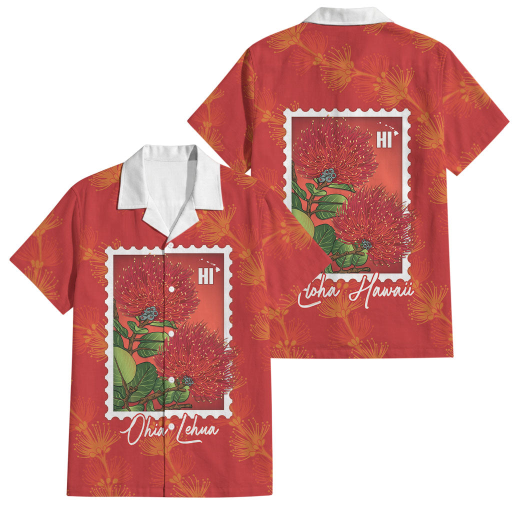 Aloha Hawaii Ohia Lehua Family Matching Puletasi and Hawaiian Shirt Hawaiian Lei Stylized Stamp LT14 Dad's Shirt - Short Sleeve Red - Polynesian Pride