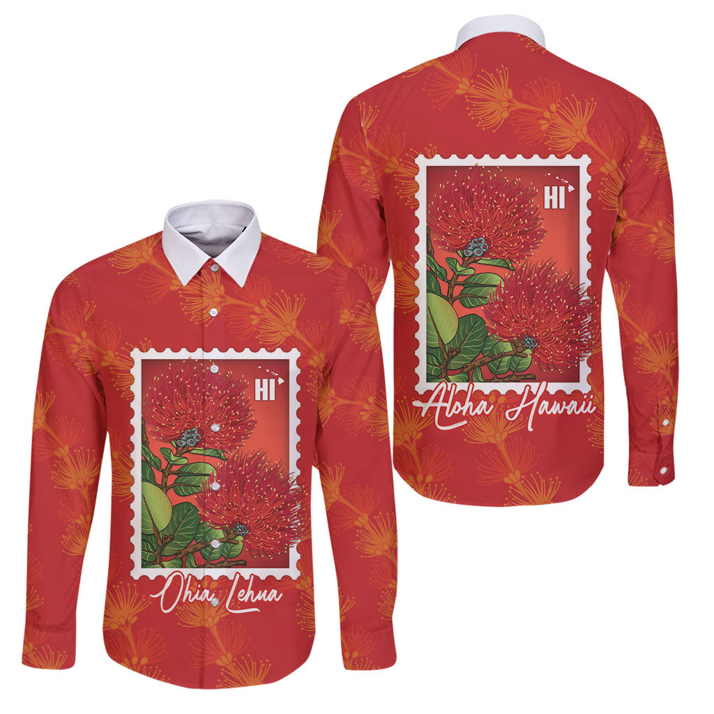 Aloha Hawaii Ohia Lehua Family Matching Puletasi and Hawaiian Shirt Hawaiian Lei Stylized Stamp LT14 Dad's Shirt - Long Sleeve Red - Polynesian Pride