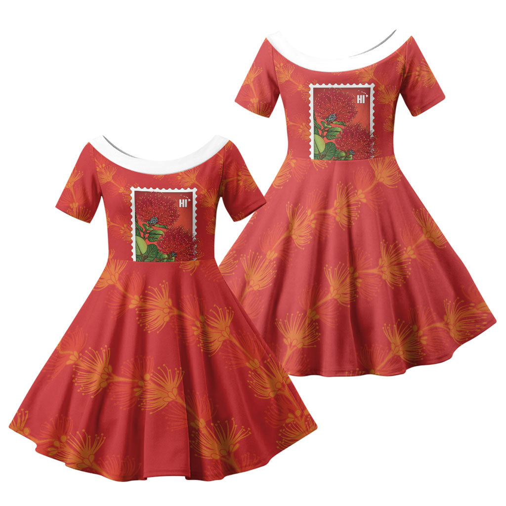 Aloha Hawaii Ohia Lehua Family Matching Puletasi and Hawaiian Shirt Hawaiian Lei Stylized Stamp LT14 Daughter's Dress Red - Polynesian Pride