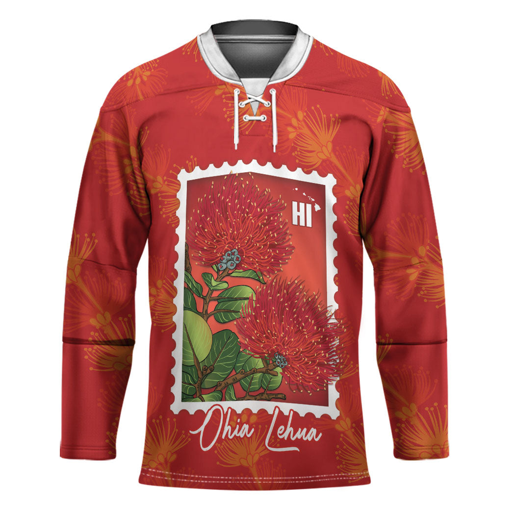 Aloha Hawaii Ohia Lehua Hockey Jersey Hawaiian Lei Stylized Stamp LT14 Unisex Red - Polynesian Pride
