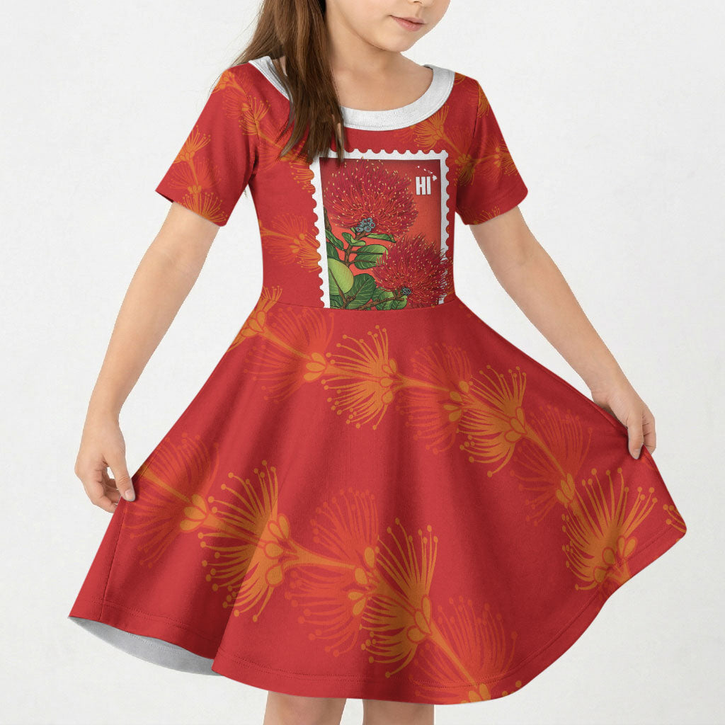 Aloha Hawaii Ohia Lehua Kid Short Sleeve Dress Hawaiian Lei Stylized Stamp