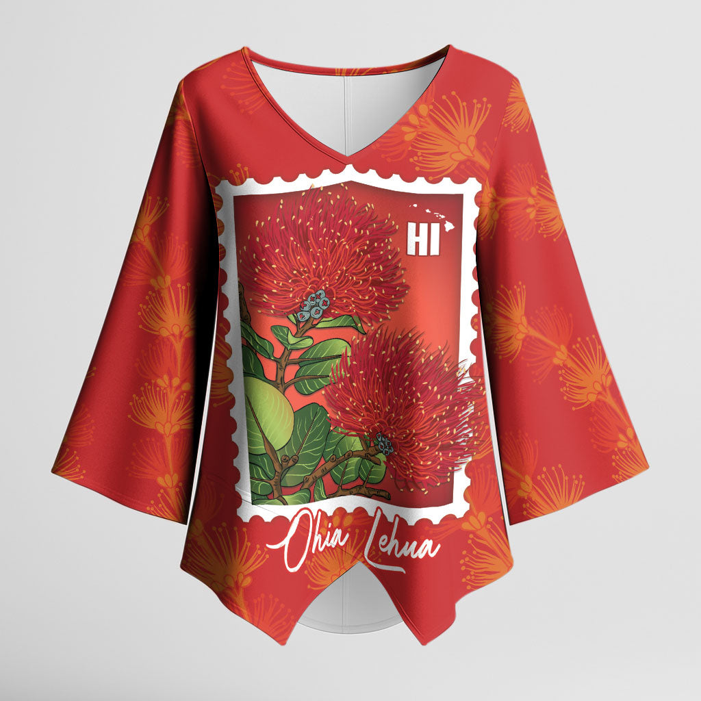 Aloha Hawaii Ohia Lehua Kimono Sleeve Blouse Hawaiian Lei Stylized Stamp LT14 Female Red - Polynesian Pride