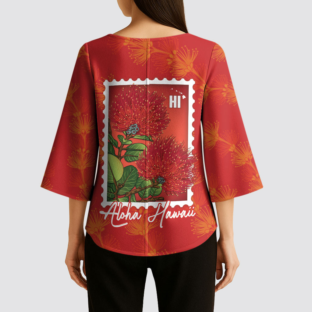 Aloha Hawaii Ohia Lehua Kimono Sleeve Blouse Hawaiian Lei Stylized Stamp LT14 - Polynesian Pride
