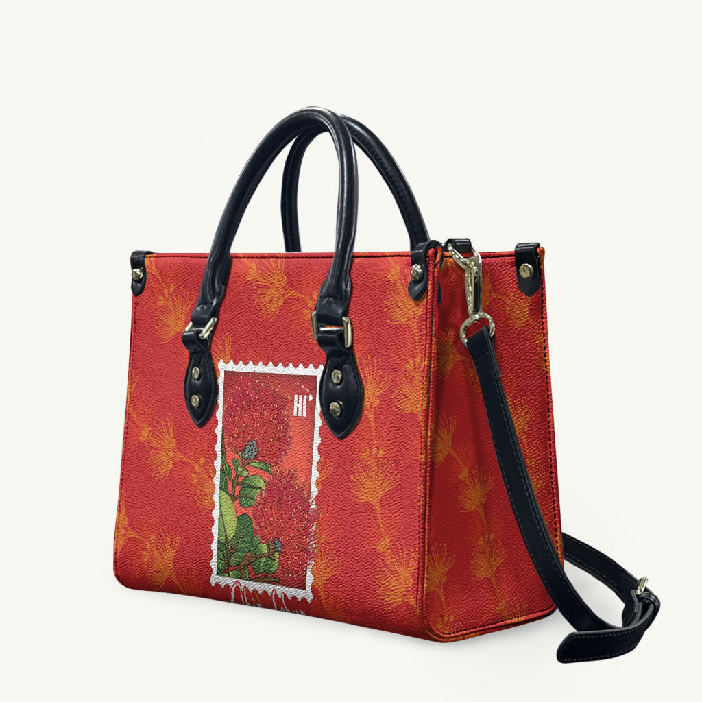 Aloha Hawaii Ohia Lehua Leather Bag Hawaiian Lei Stylized Stamp LT14 Red - Polynesian Pride