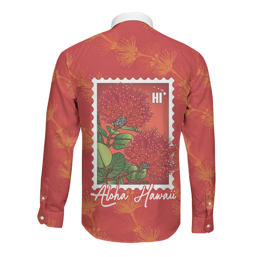 Aloha Hawaii Ohia Lehua Long Sleeve Button Shirt Hawaiian Lei Stylized Stamp LT14 - Polynesian Pride