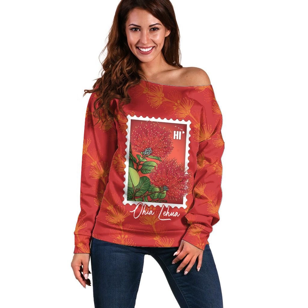 Aloha Hawaii Ohia Lehua Off Shoulder Sweater Hawaiian Lei Stylized Stamp LT14 Women Red - Polynesian Pride