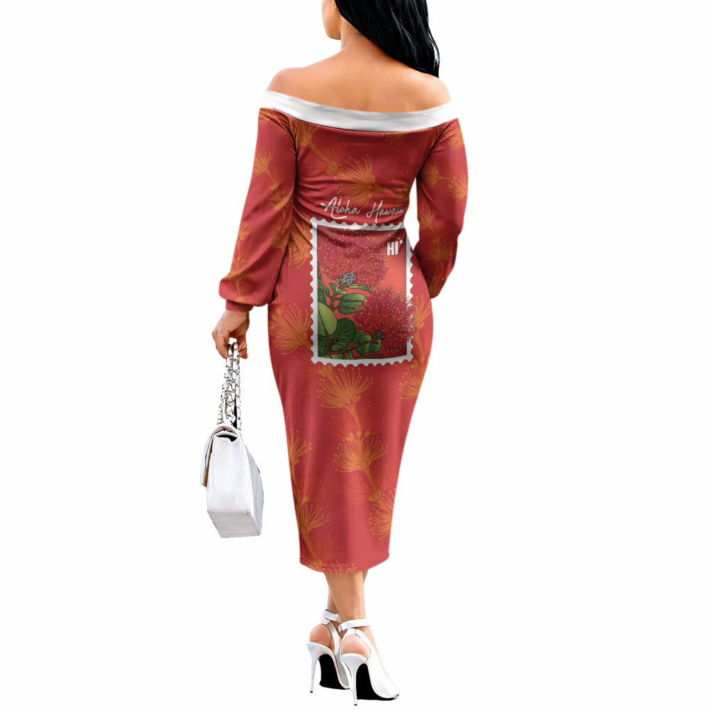 Aloha Hawaii Ohia Lehua Off The Shoulder Long Sleeve Dress Hawaiian Lei Stylized Stamp LT14 - Polynesian Pride