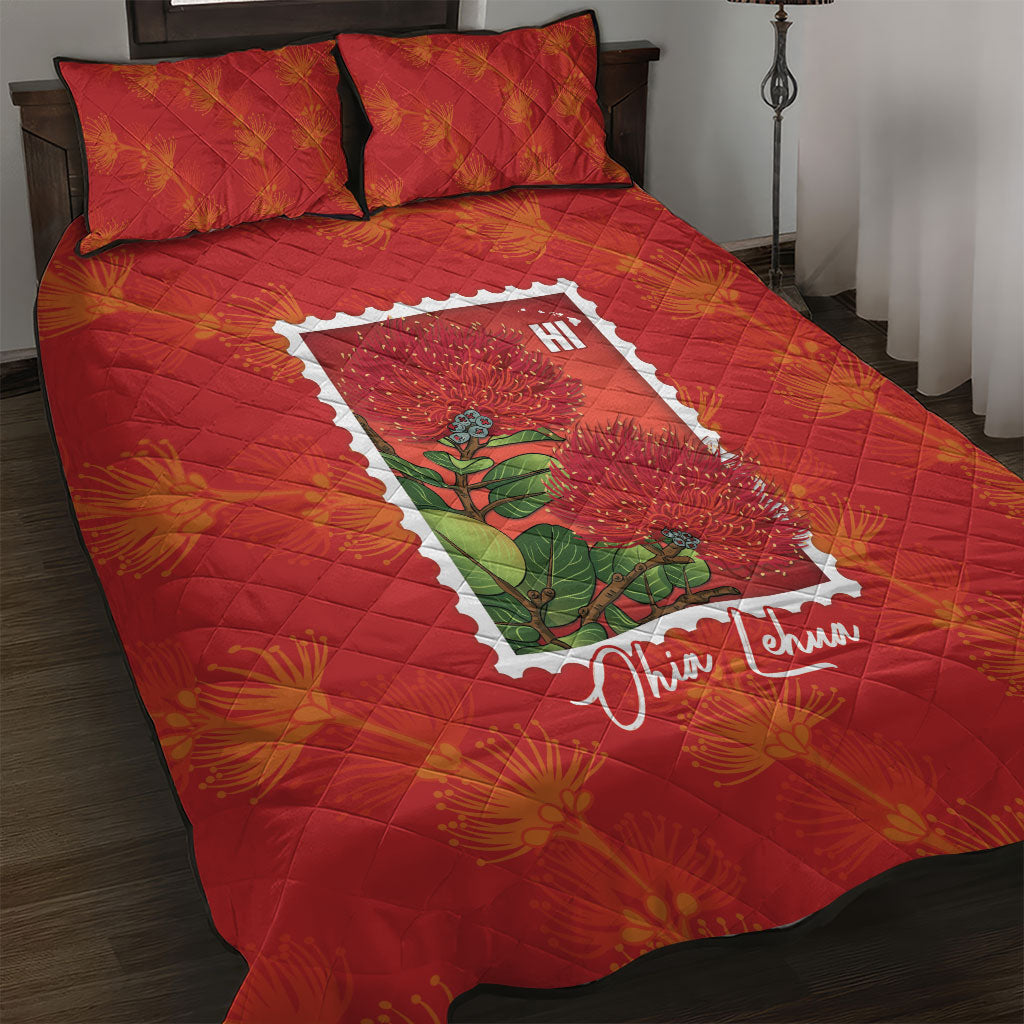 Aloha Hawaii Ohia Lehua Quilt Bed Set Hawaiian Lei Stylized Stamp LT14 Red - Polynesian Pride