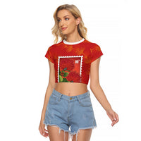 Aloha Hawaii Ohia Lehua Raglan Cropped T Shirt Hawaiian Lei Stylized Stamp LT14 Female Red - Polynesian Pride