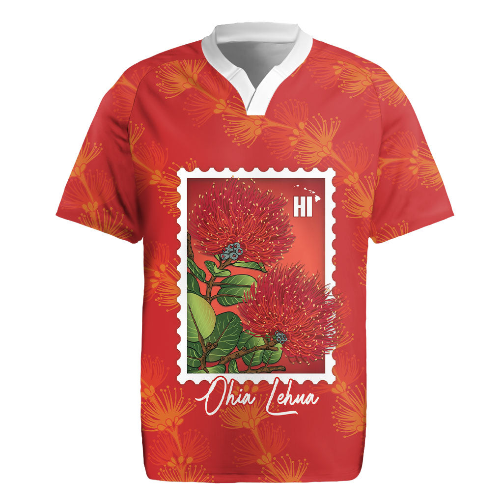Aloha Hawaii Ohia Lehua Rugby Jersey Hawaiian Lei Stylized Stamp LT14 Red - Polynesian Pride