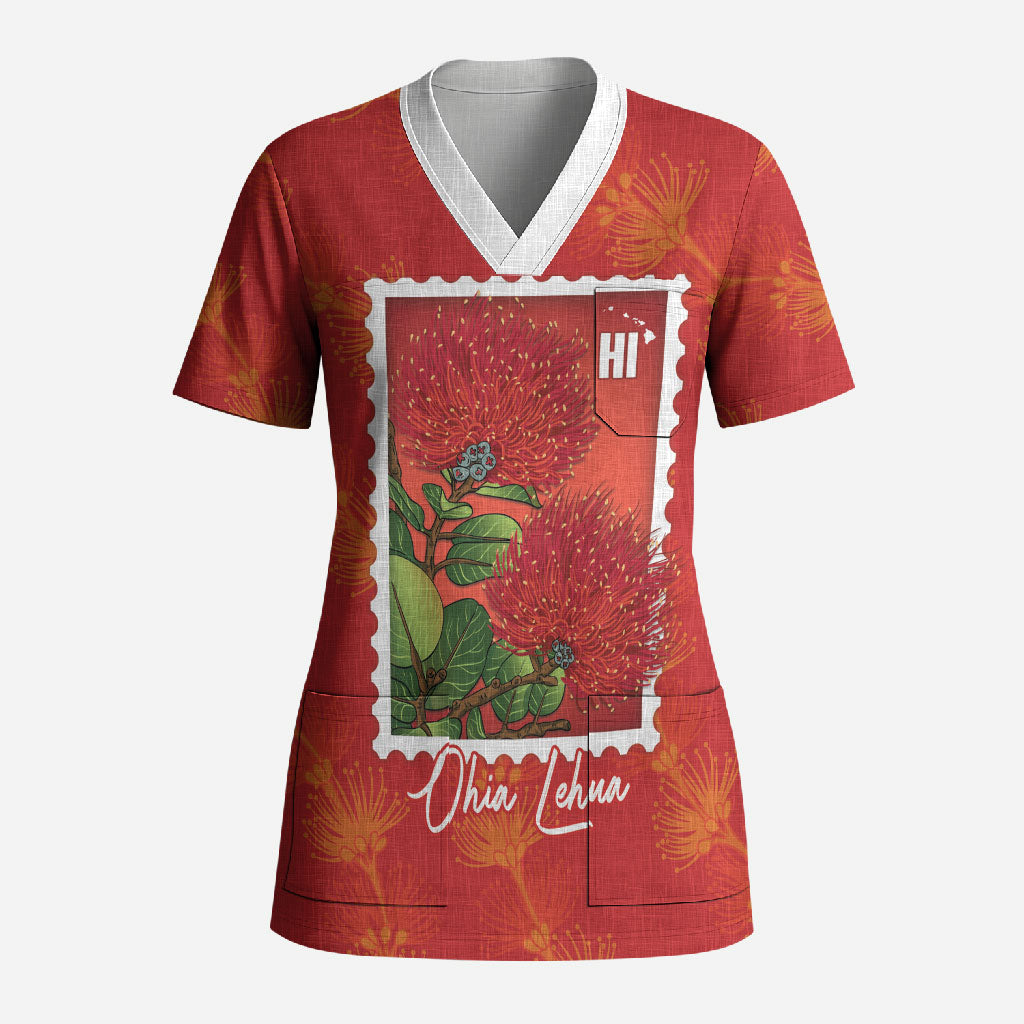 Aloha Hawaii Ohia Lehua Scrub Top Hawaiian Lei Stylized Stamp LT14 Adult Red - Polynesian Pride
