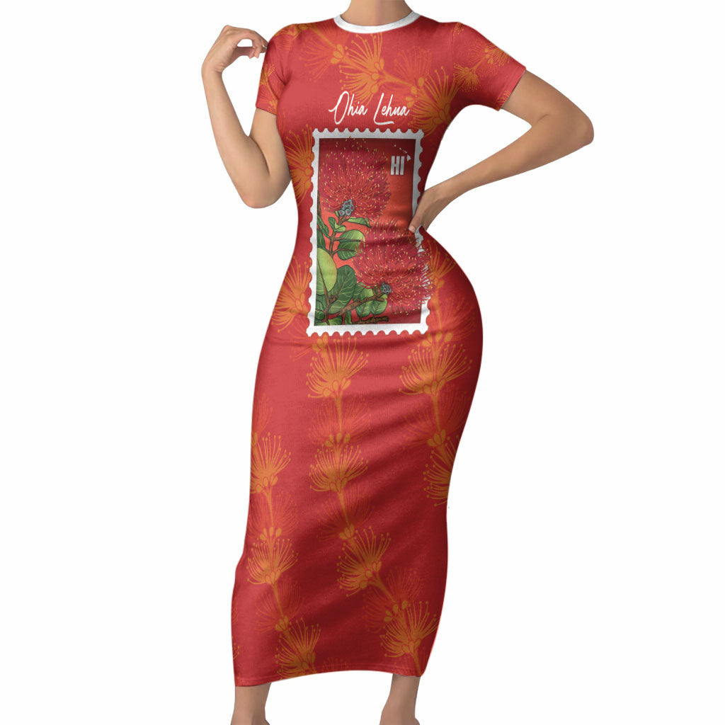 Aloha Hawaii Ohia Lehua Short Sleeve Bodycon Dress Hawaiian Lei Stylized Stamp