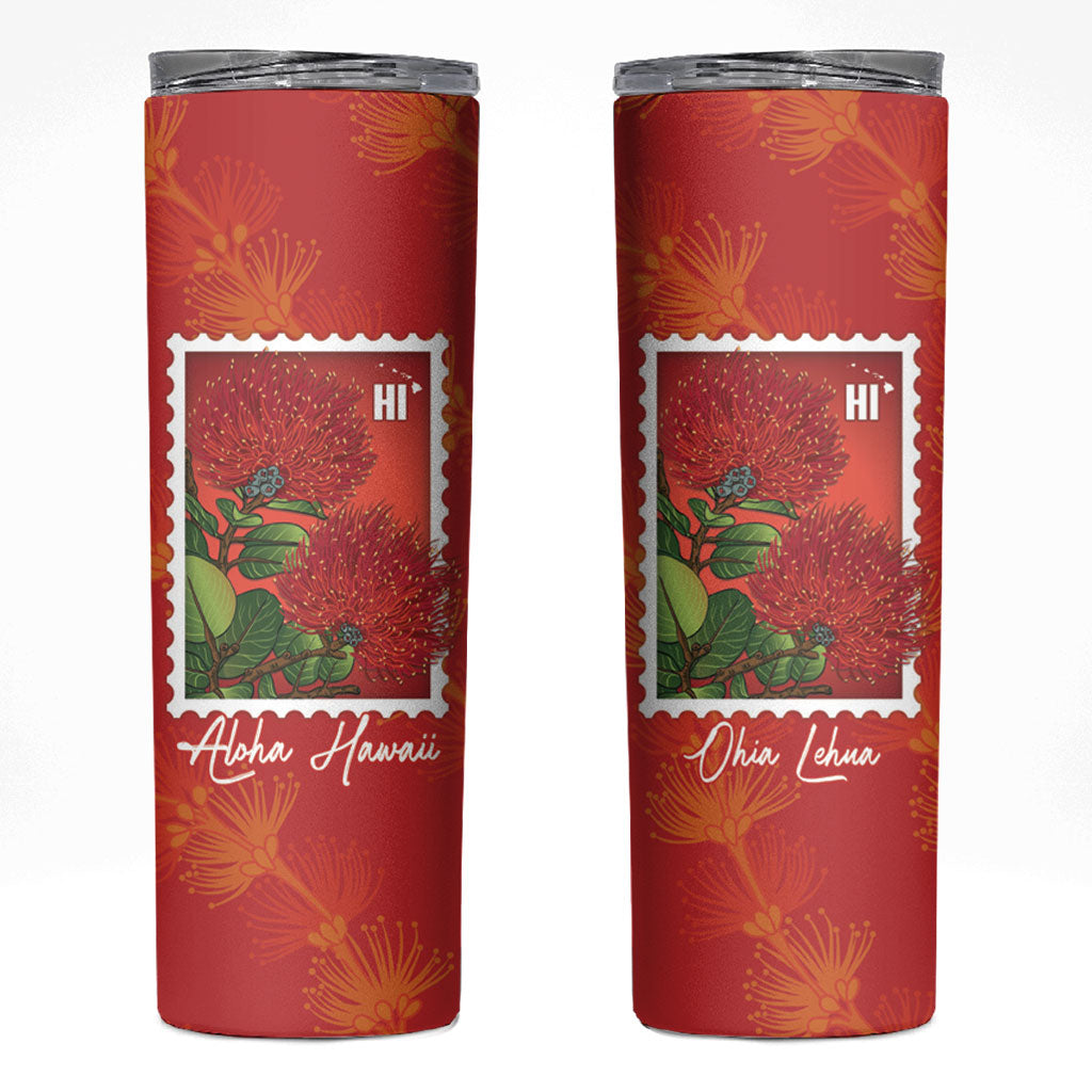 Aloha Hawaii Ohia Lehua Skinny Tumbler Hawaiian Lei Stylized Stamp LT14 Red - Polynesian Pride