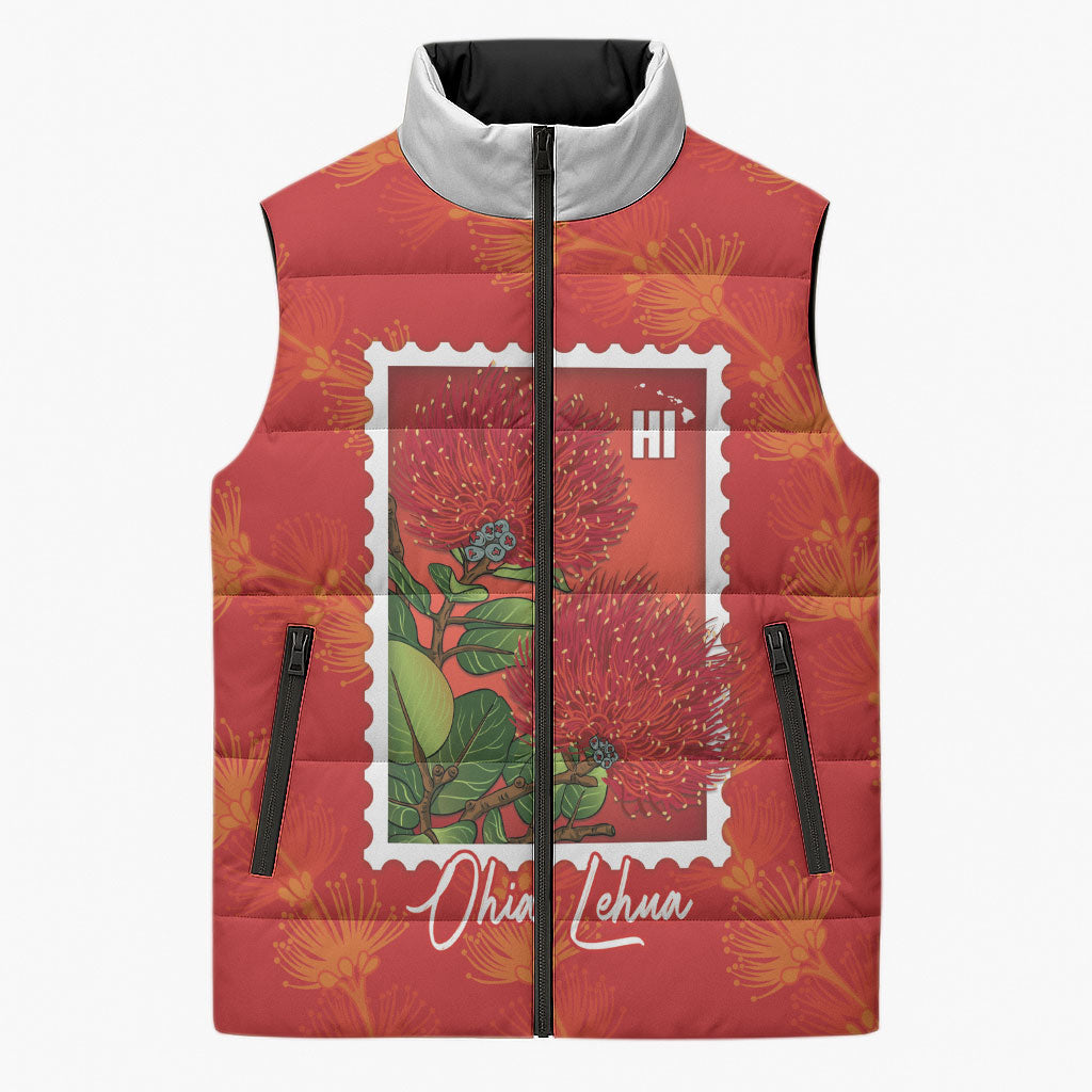 Aloha Hawaii Ohia Lehua Sleeveless Puffer Jacket Hawaiian Lei Stylized Stamp LT14 Unisex Red - Polynesian Pride