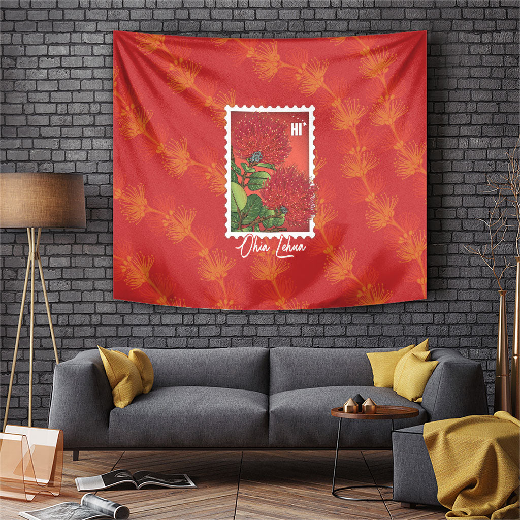 Aloha Hawaii Ohia Lehua Tapestry Hawaiian Lei Stylized Stamp LT14 Red - Polynesian Pride