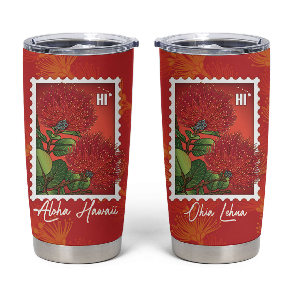 Aloha Hawaii Ohia Lehua Tumbler Cup Hawaiian Lei Stylized Stamp