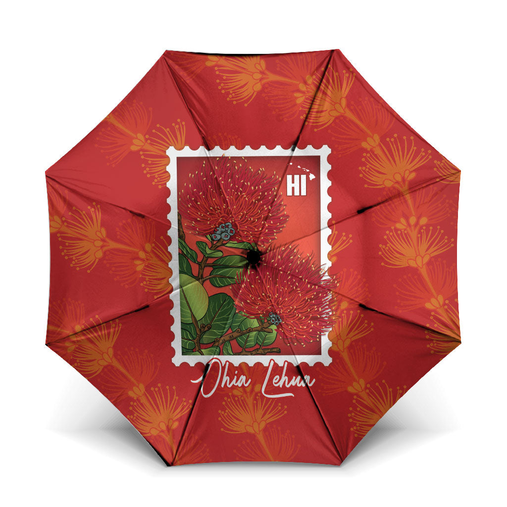 Aloha Hawaii Ohia Lehua Umbrella Hawaiian Lei Stylized Stamp LT14 One Size Folded 11.42 inch Opened Diameter 37.4 inch Red - Polynesian Pride