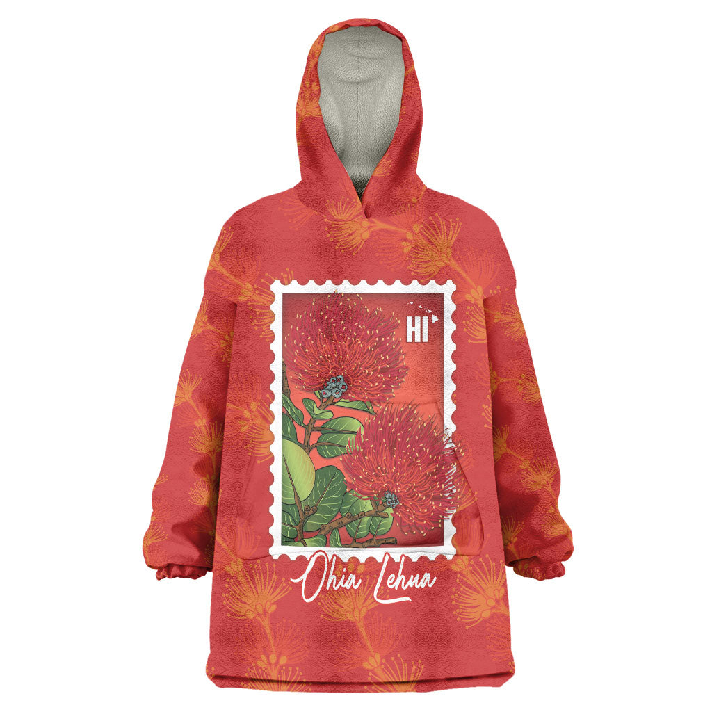Aloha Hawaii Ohia Lehua Wearable Blanket Hoodie Hawaiian Lei Stylized Stamp LT14 One Size Red - Polynesian Pride