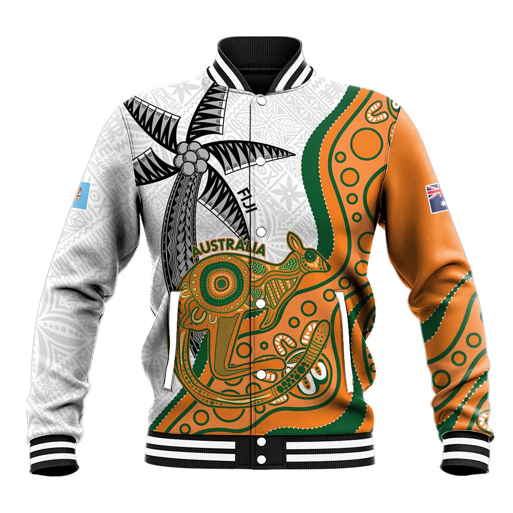 Custom Fiji And Australia Rugby Baseball Jacket Fijian Palm Tree Mix Aussie Kangaroo