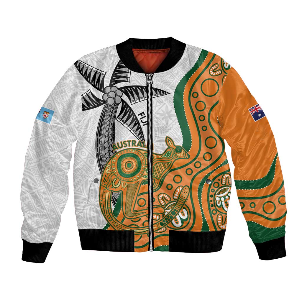 Custom Fiji And Australia Rugby Bomber Jacket Fijian Palm Tree Mix Aussie Kangaroo