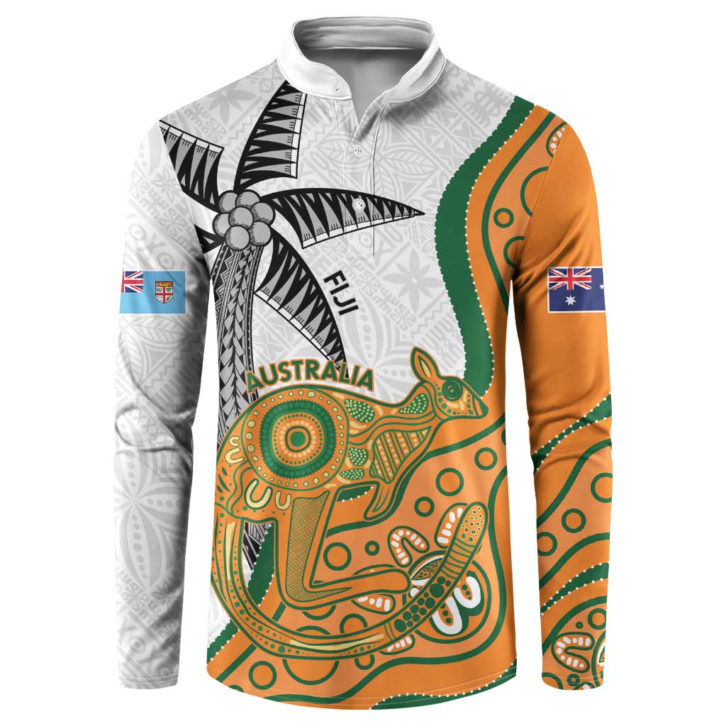 Custom Fiji And Australia Rugby Button Sweatshirt Fijian Palm Tree Mix Aussie Kangaroo