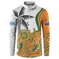 Custom Fiji And Australia Rugby Button Sweatshirt Fijian Palm Tree Mix Aussie Kangaroo
