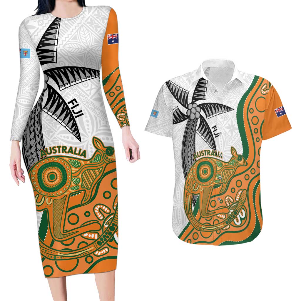 Custom Fiji And Australia Rugby Couples Matching Long Sleeve Bodycon Dress and Hawaiian Shirt Fijian Palm Tree Mix Aussie Kangaroo