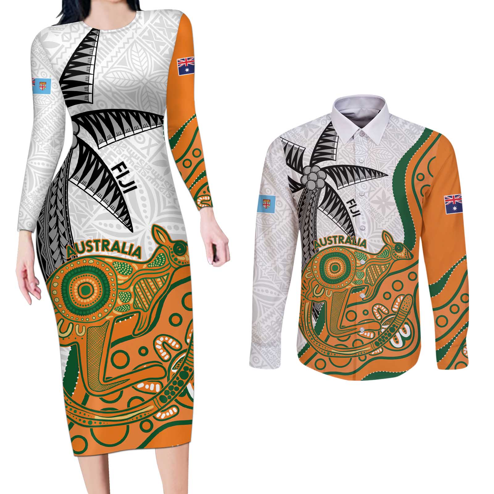 Custom Fiji And Australia Rugby Couples Matching Long Sleeve Bodycon Dress and Long Sleeve Button Shirt Fijian Palm Tree Mix Aussie Kangaroo