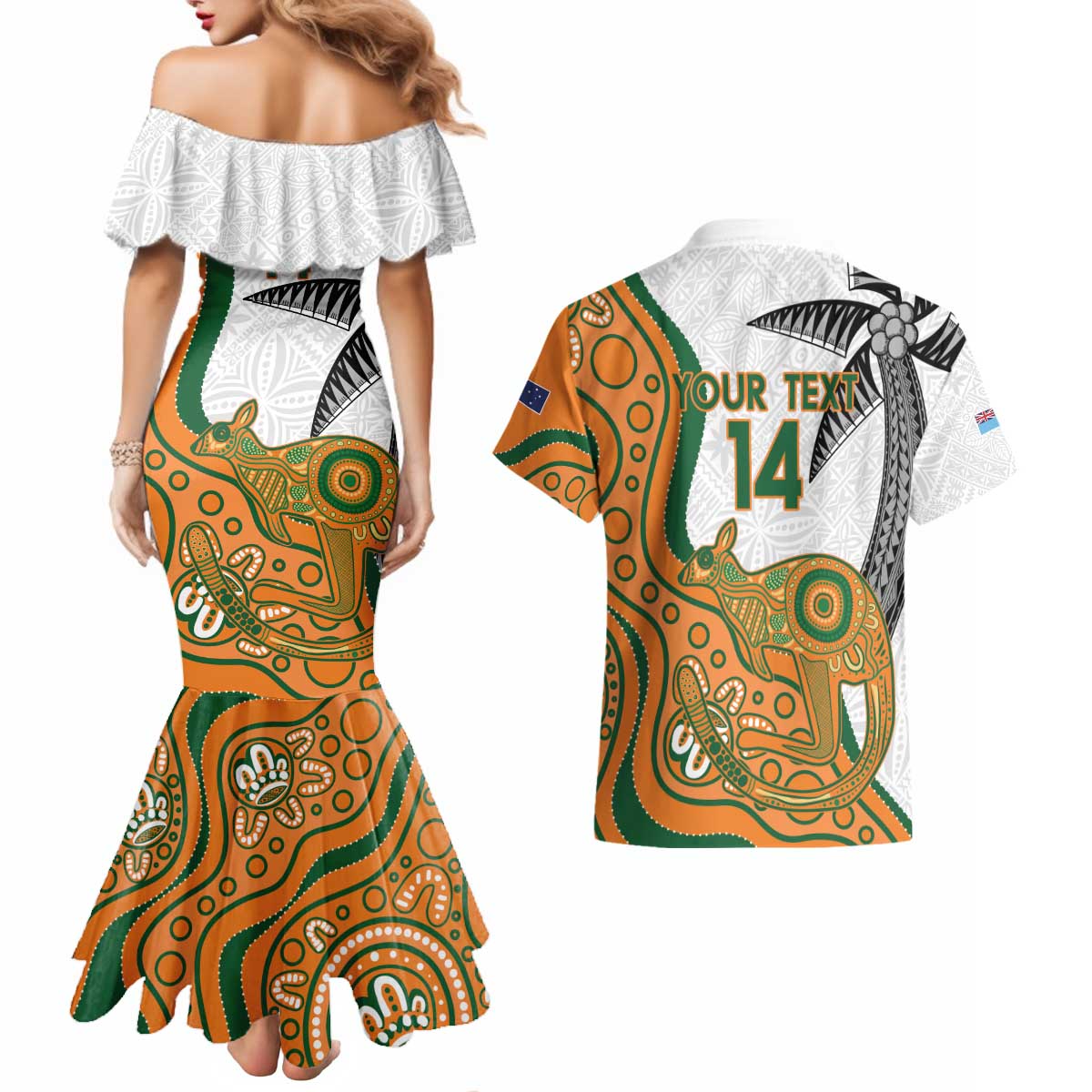 Custom Fiji And Australia Rugby Couples Matching Mermaid Dress and Hawaiian Shirt Fijian Palm Tree Mix Aussie Kangaroo