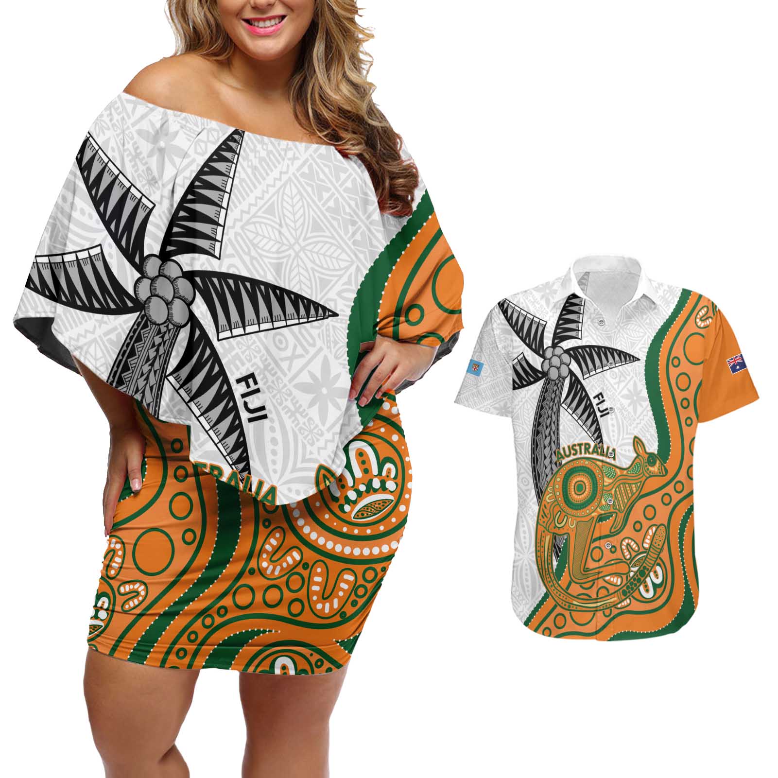 Custom Fiji And Australia Rugby Couples Matching Off Shoulder Short Dress and Hawaiian Shirt Fijian Palm Tree Mix Aussie Kangaroo