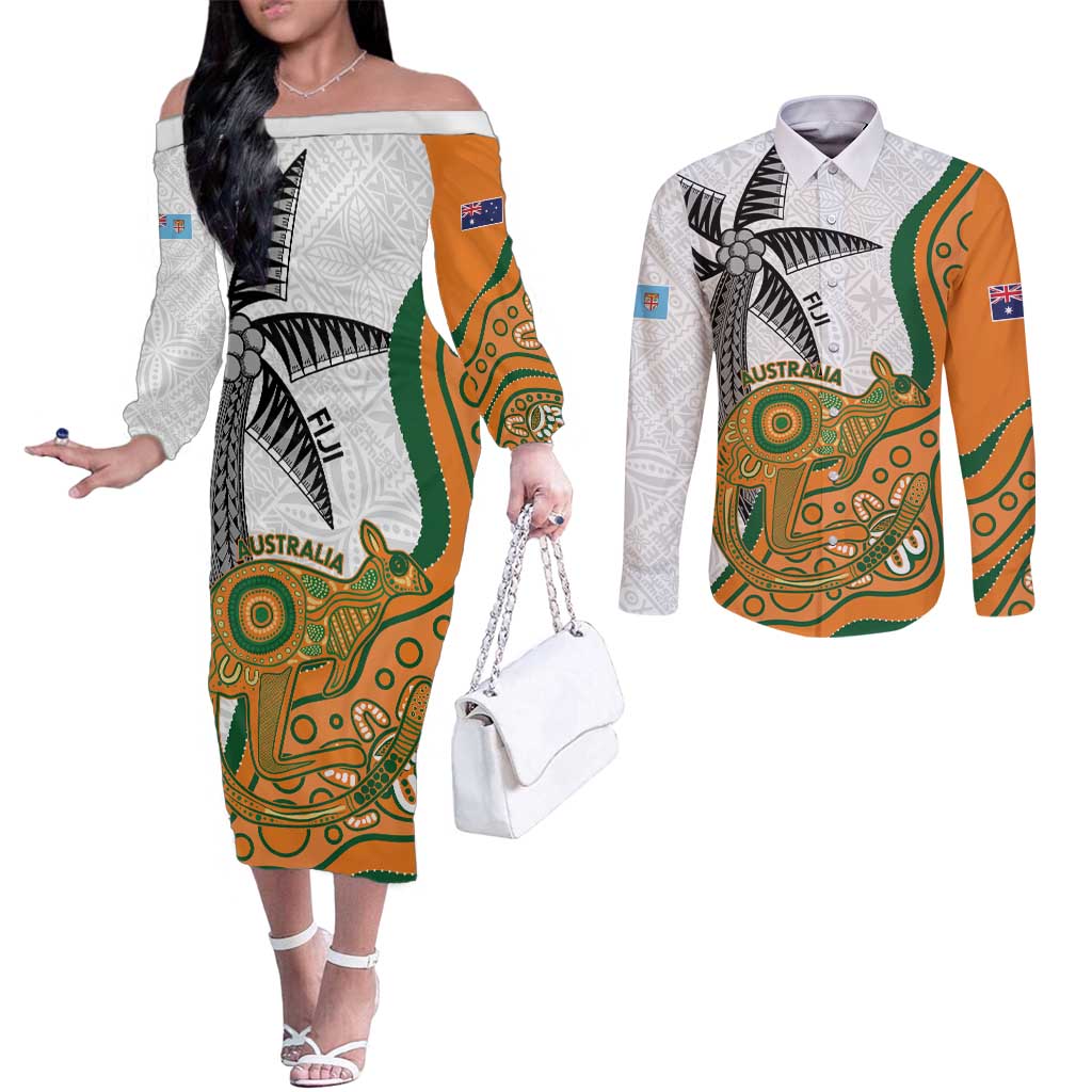 Custom Fiji And Australia Rugby Couples Matching Off The Shoulder Long Sleeve Dress and Long Sleeve Button Shirt Fijian Palm Tree Mix Aussie Kangaroo