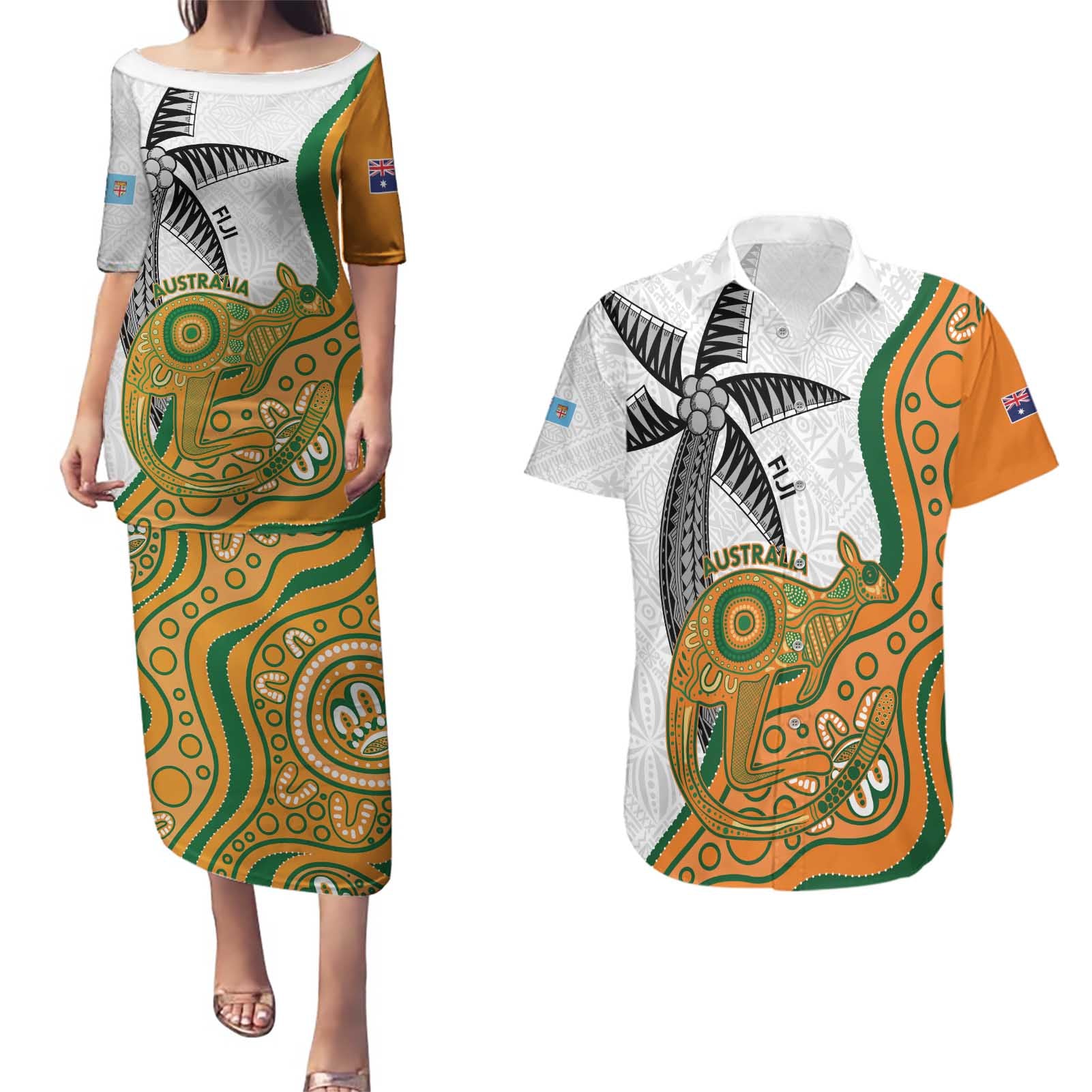 Custom Fiji And Australia Rugby Couples Matching Puletasi and Hawaiian Shirt Fijian Palm Tree Mix Aussie Kangaroo