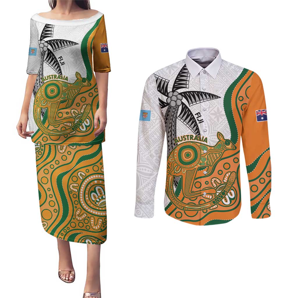 Custom Fiji And Australia Rugby Couples Matching Puletasi and Long Sleeve Button Shirt Fijian Palm Tree Mix Aussie Kangaroo