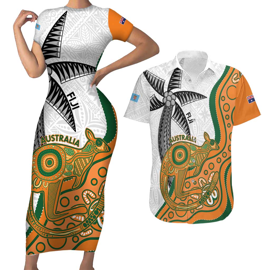 Custom Fiji And Australia Rugby Couples Matching Short Sleeve Bodycon Dress and Hawaiian Shirt Fijian Palm Tree Mix Aussie Kangaroo