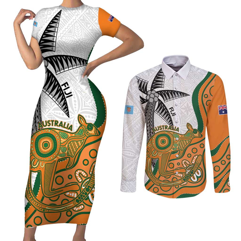 Custom Fiji And Australia Rugby Couples Matching Short Sleeve Bodycon Dress and Long Sleeve Button Shirt Fijian Palm Tree Mix Aussie Kangaroo