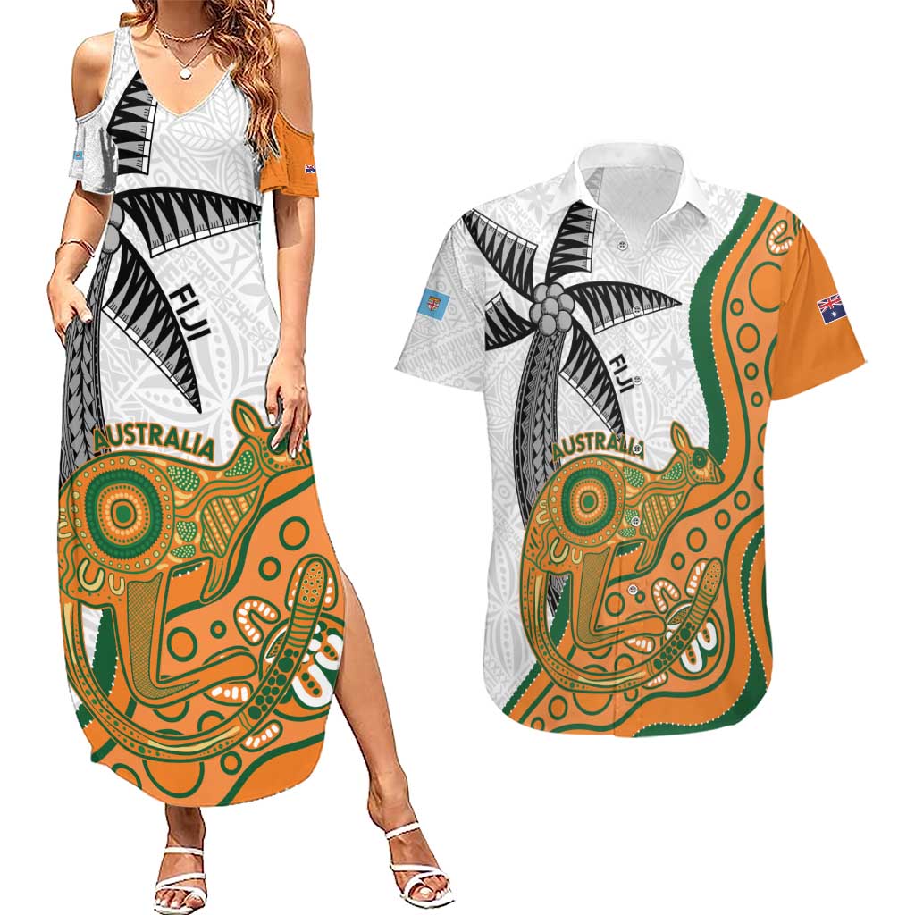 Custom Fiji And Australia Rugby Couples Matching Summer Maxi Dress and Hawaiian Shirt Fijian Palm Tree Mix Aussie Kangaroo