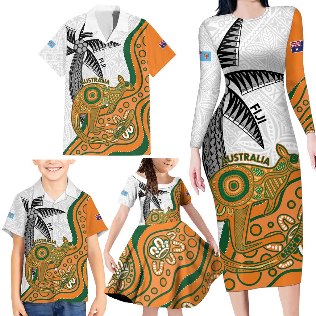 Custom Fiji And Australia Rugby Family Matching Long Sleeve Bodycon Dress and Hawaiian Shirt Fijian Palm Tree Mix Aussie Kangaroo