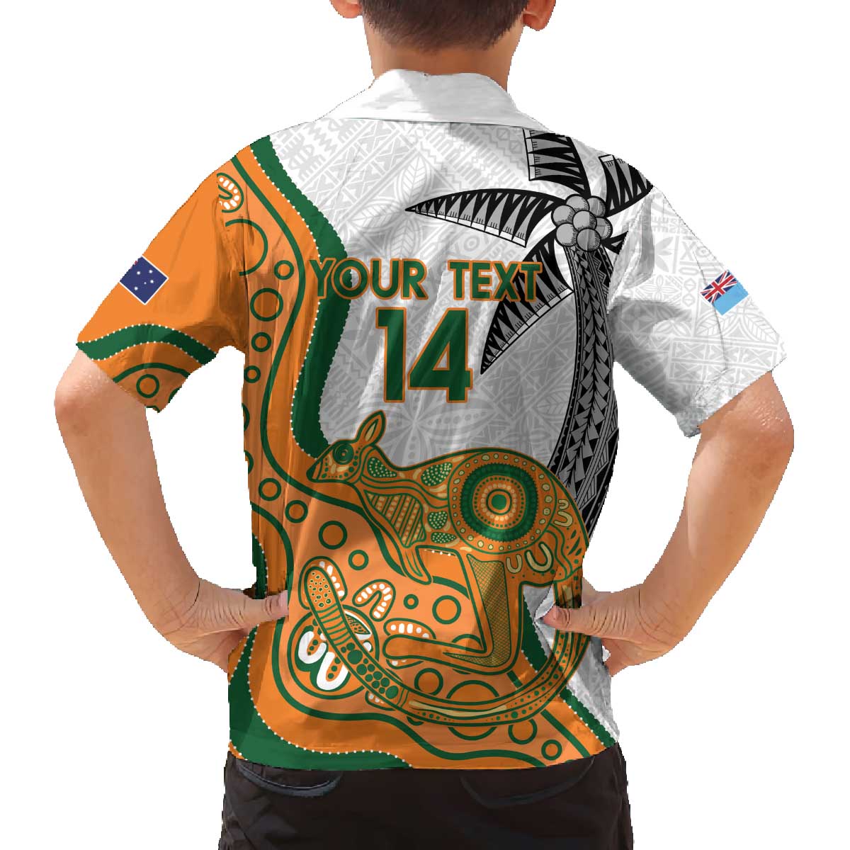 Custom Fiji And Australia Rugby Family Matching Off The Shoulder Long Sleeve Dress and Hawaiian Shirt Fijian Palm Tree Mix Aussie Kangaroo