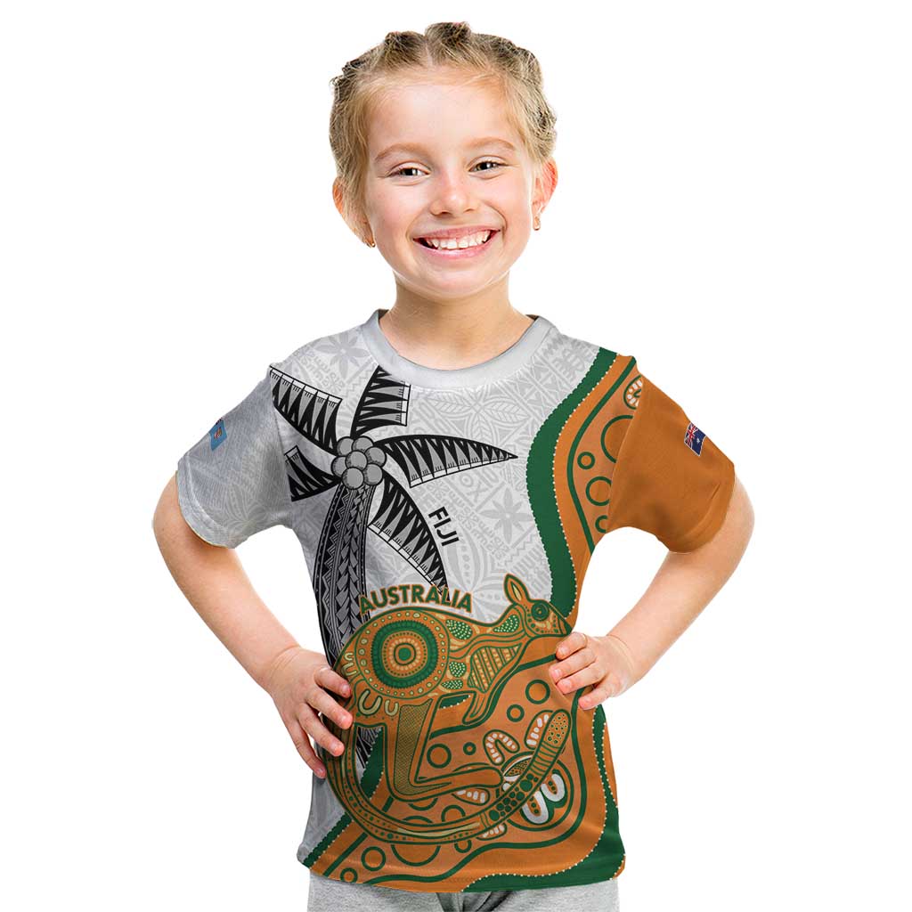 Custom Fiji And Australia Rugby Kid T Shirt Fijian Palm Tree Mix Aussie Kangaroo