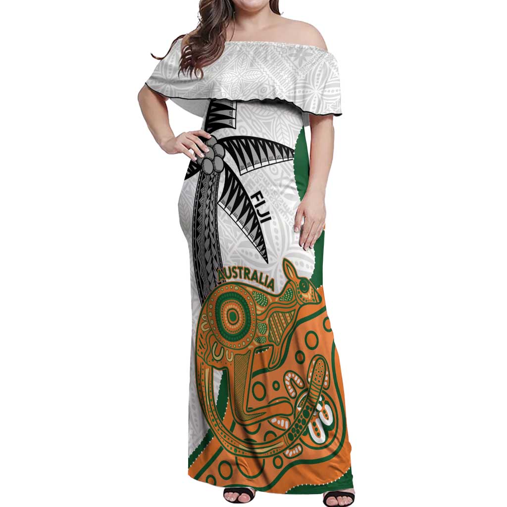 Custom Fiji And Australia Rugby Off Shoulder Maxi Dress Fijian Palm Tree Mix Aussie Kangaroo