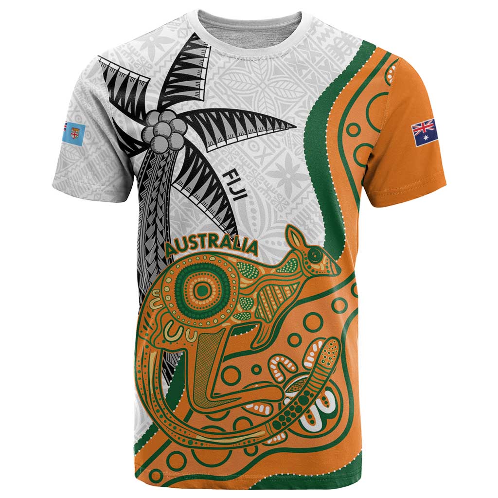 Custom Fiji And Australia Rugby T Shirt Fijian Palm Tree Mix Aussie Kangaroo