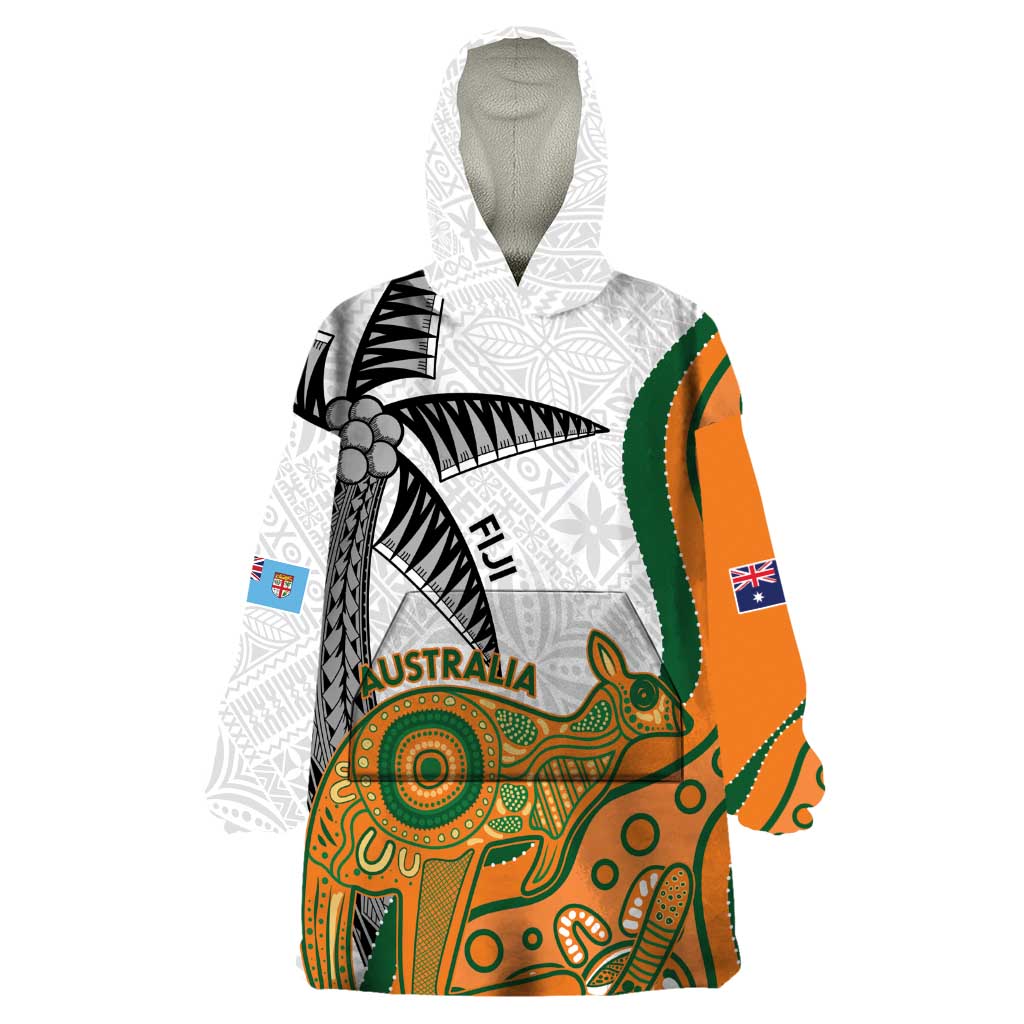 Custom Fiji And Australia Rugby Wearable Blanket Hoodie Fijian Palm Tree Mix Aussie Kangaroo