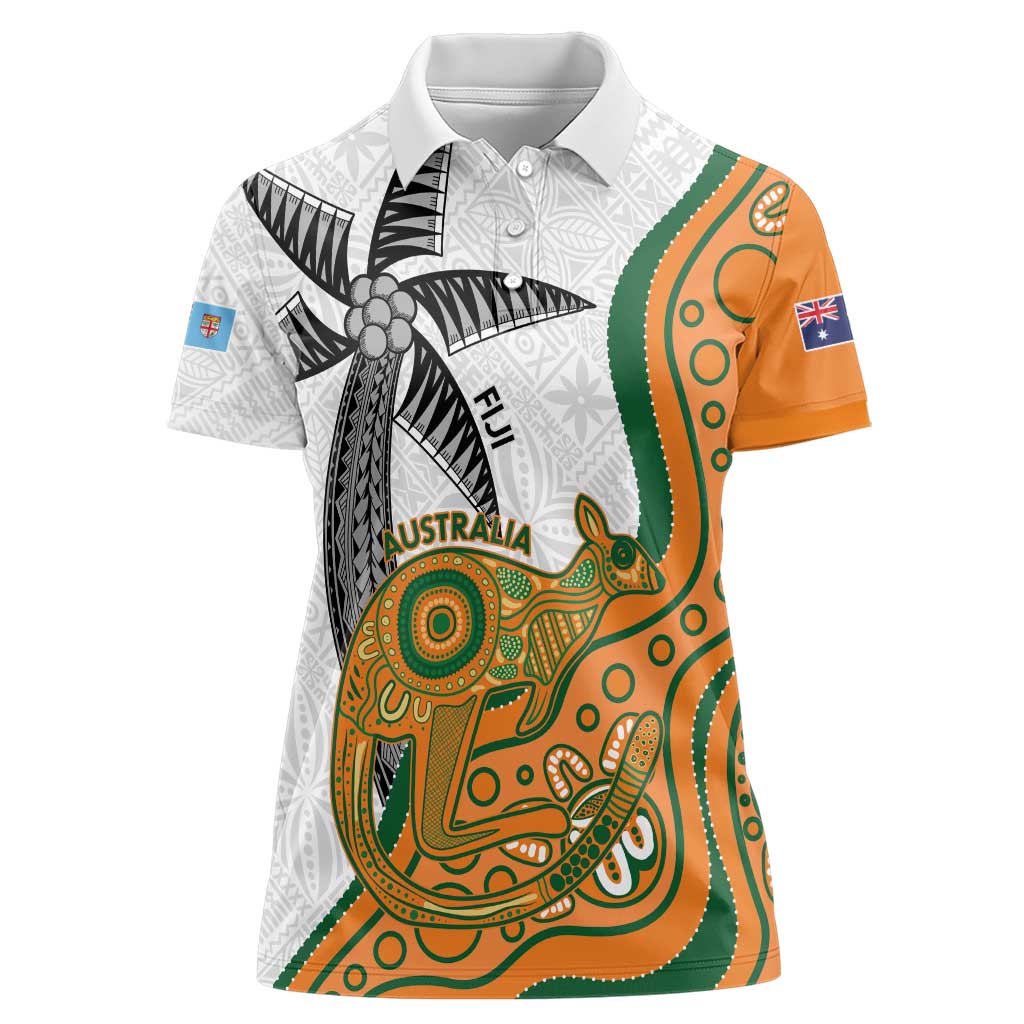 Custom Fiji And Australia Rugby Women Polo Shirt Fijian Palm Tree Mix Aussie Kangaroo